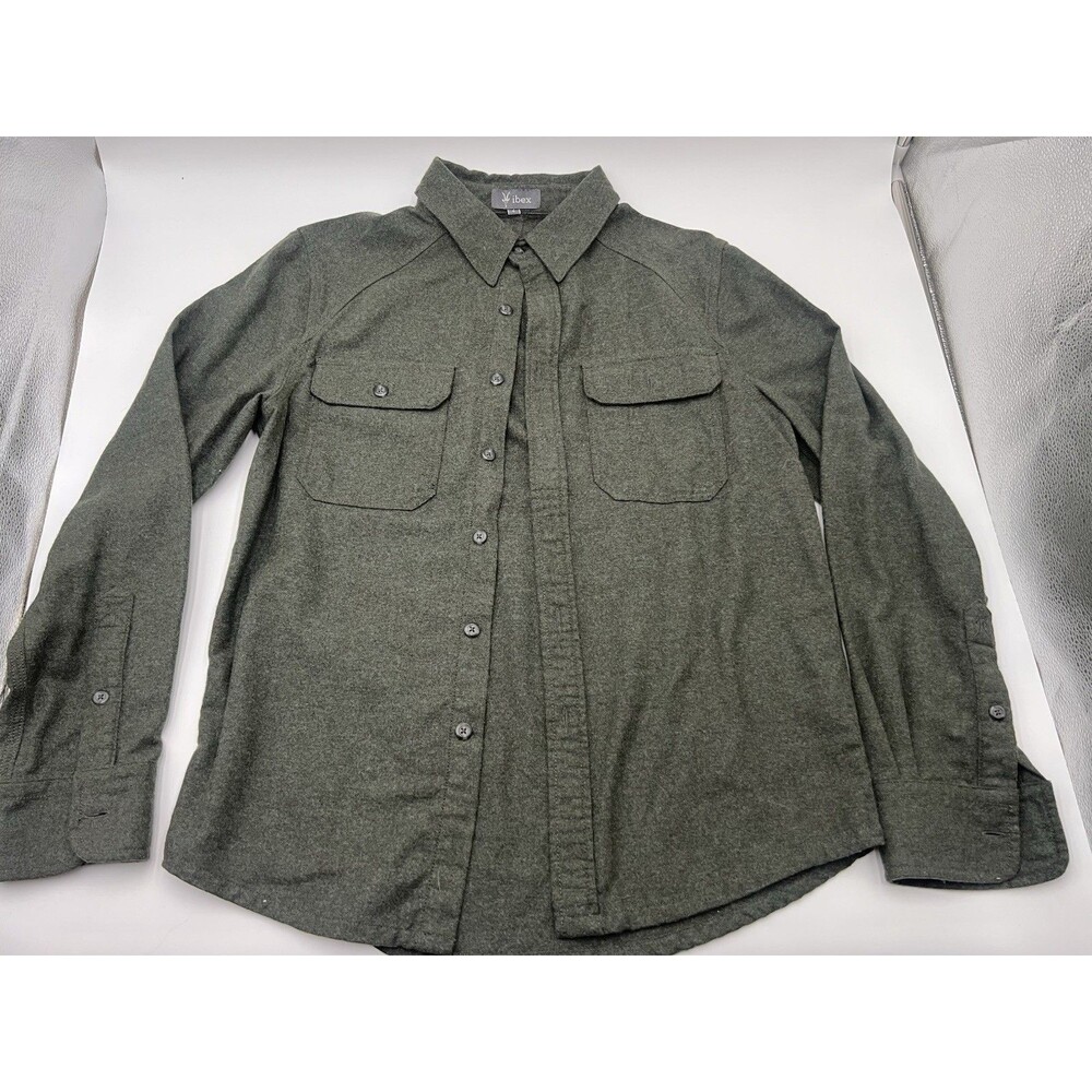 Ibex Beacon Shirt Wool Blend Button Down Acorn Heather Green Pockets Men's S